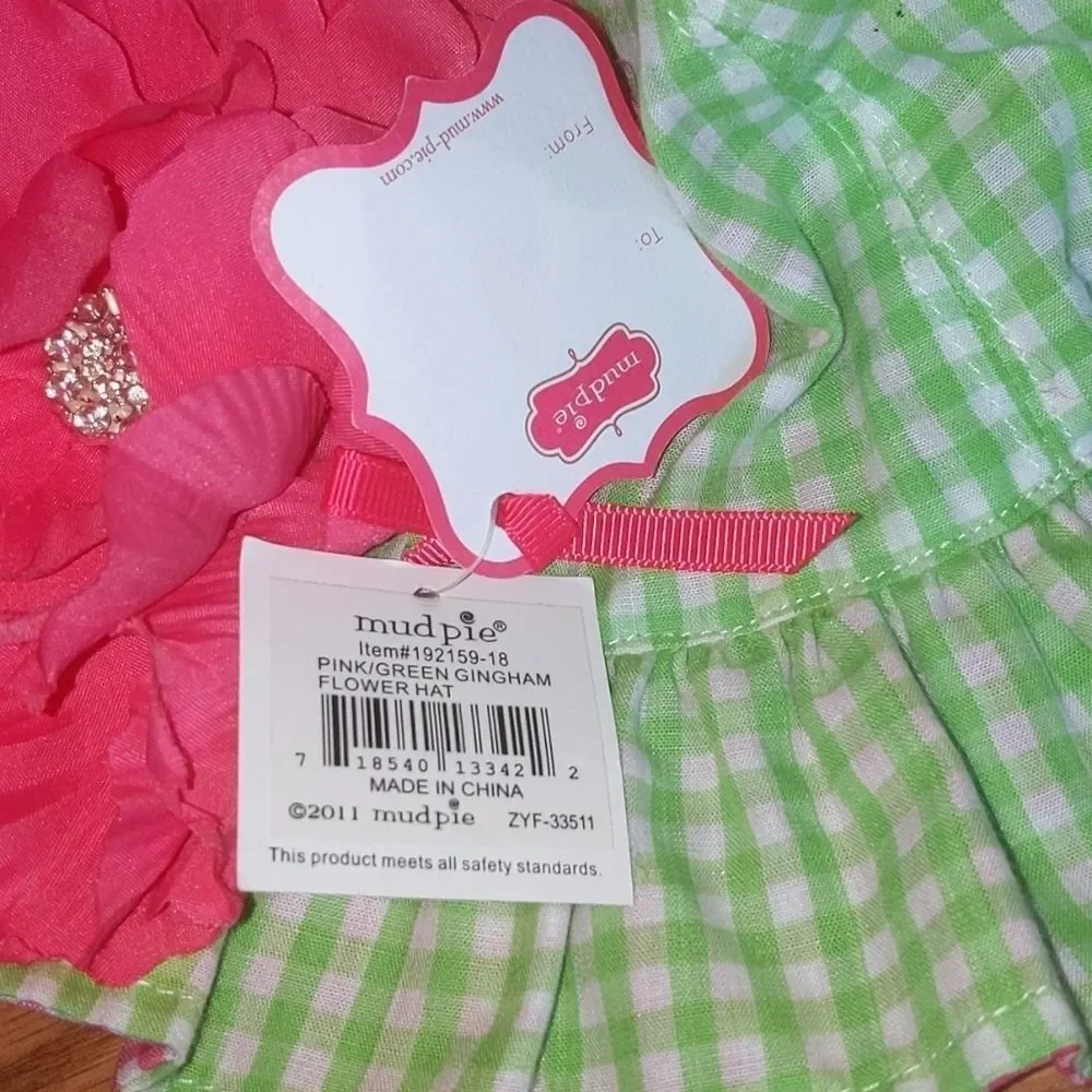 Mud Pie pink green gingham flower sunhat Sz 12m-2T